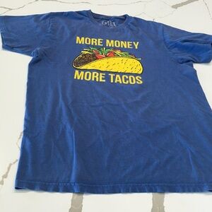 ESSEX Dry Goods Blue Graphic T-Shirt Worn Large More Money More Tacos